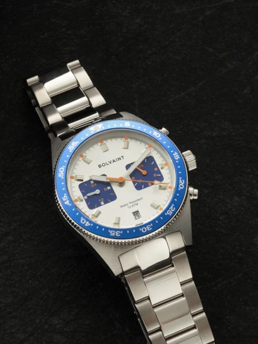 Bolvaint Men's Stainless Steel Chronograph Watch - White Dial, Blue Bezel